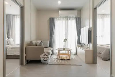 Modern living room with cozy sofa and large TV, flanked by two stylish bedrooms.