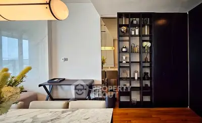 Luxurious modern living room with elegant decor and stylish shelving unit