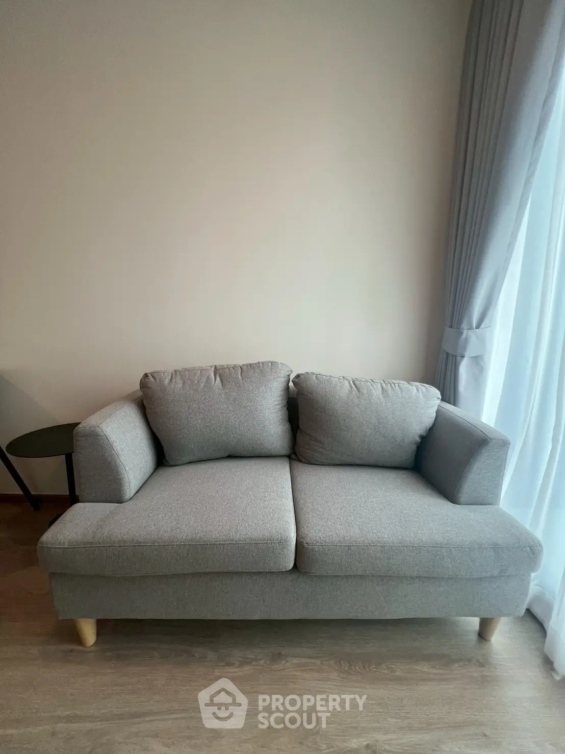 Cozy living room with modern gray sofa and natural light