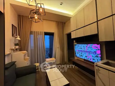 Modern living room with stylish lighting and balcony view