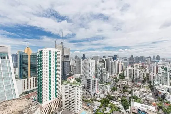 Stunning cityscape view showcasing modern skyscrapers under a vibrant sky.