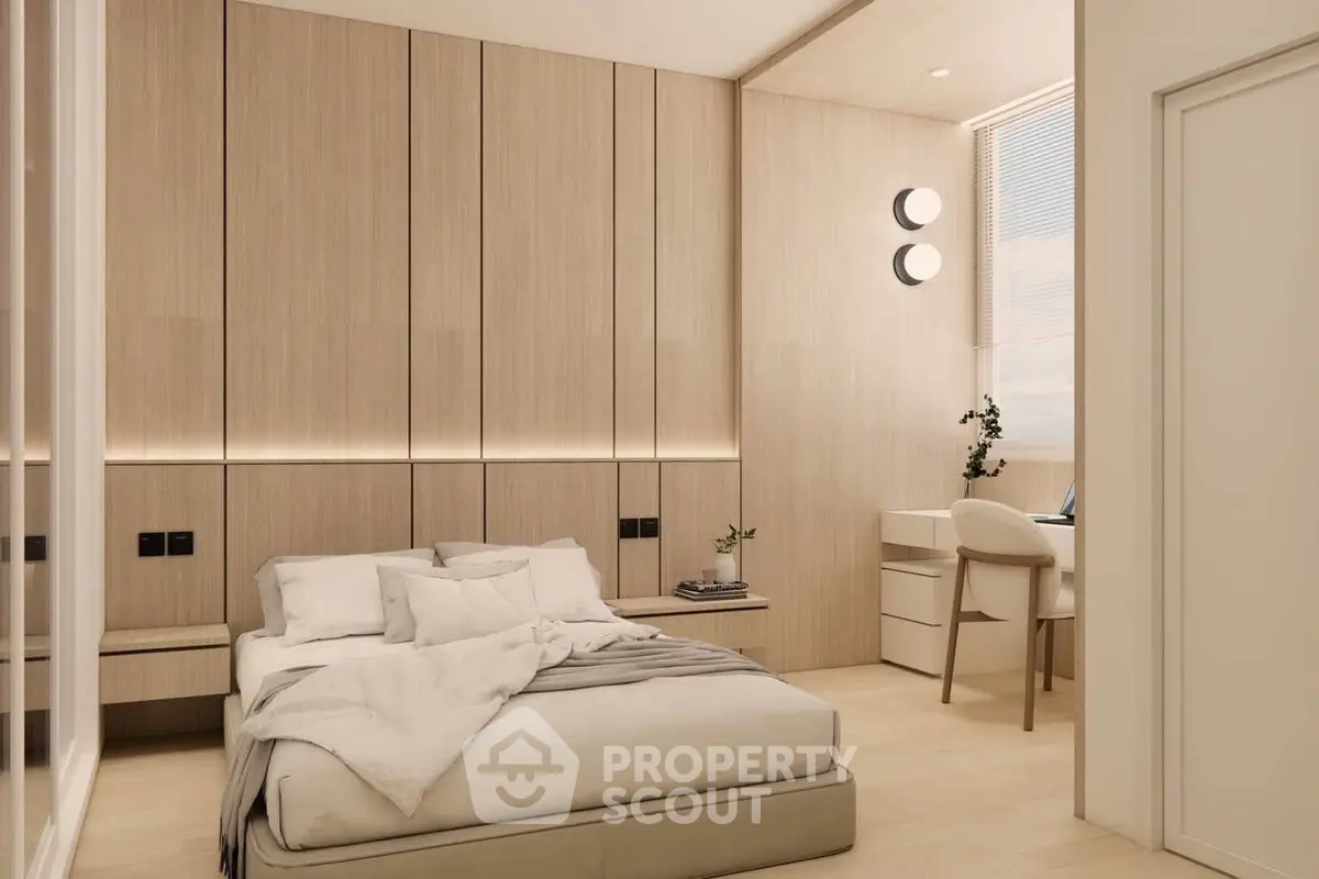 Modern bedroom with minimalist design and natural wood accents