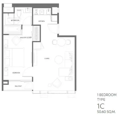 Modern 1-bedroom apartment floor plan with walk-in closet and balcony, 50.60 sqm.