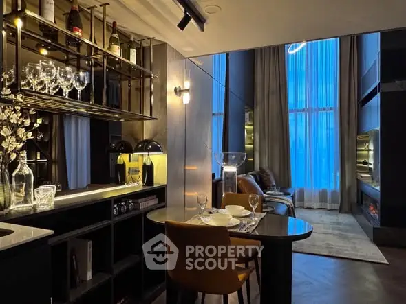 Luxurious modern living room with elegant dining area and floor-to-ceiling windows.