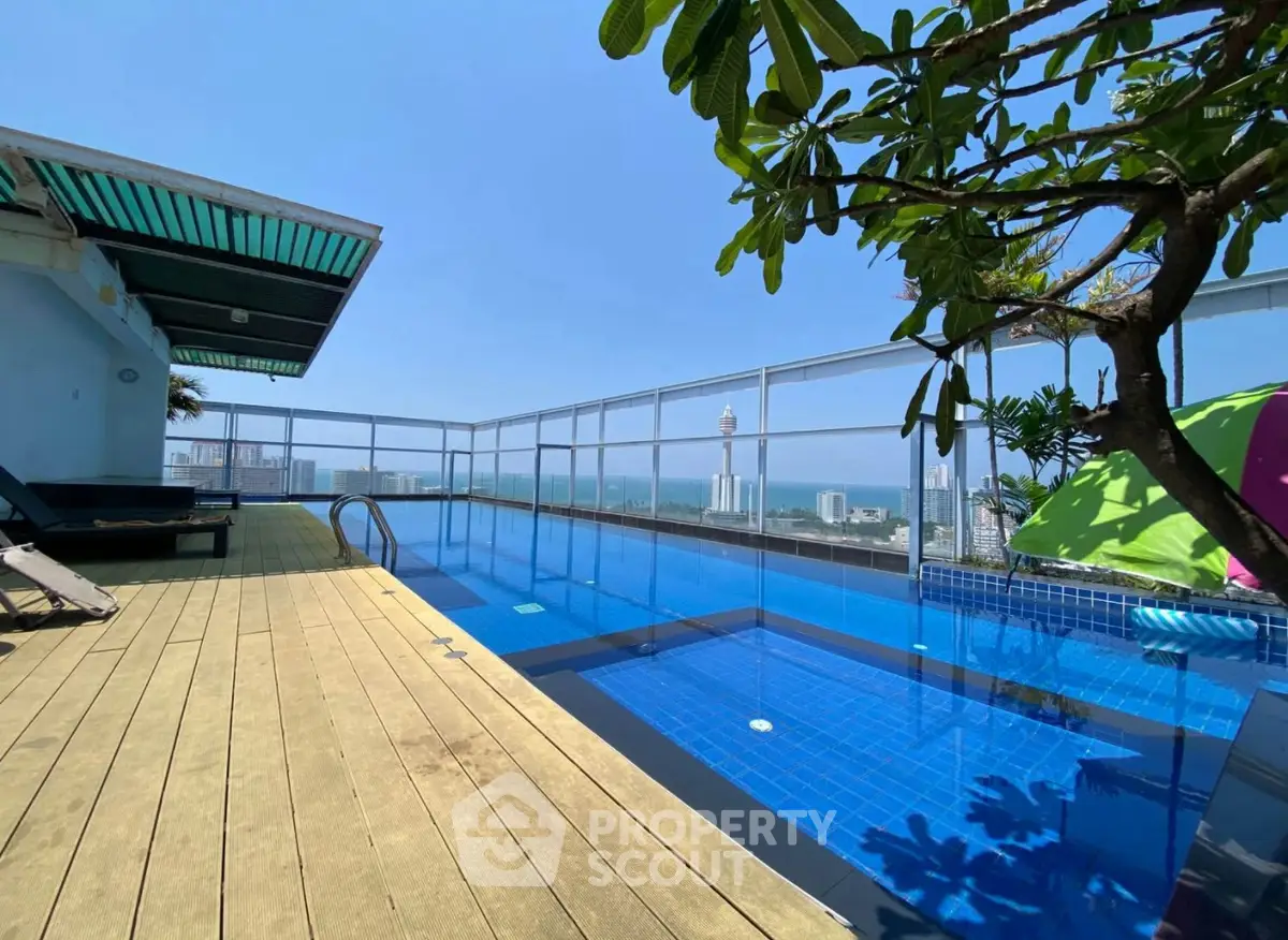 Stunning rooftop pool with panoramic city views and modern deck area.