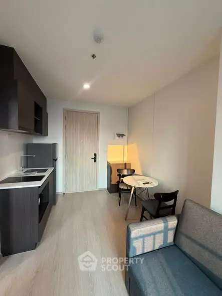 Modern compact apartment with sleek kitchen and cozy living area, perfect for urban living.