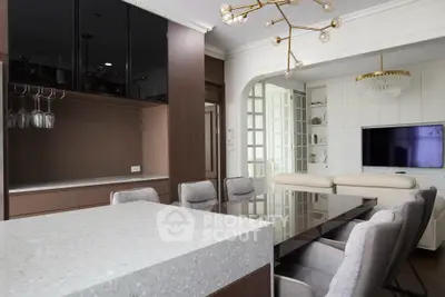 Luxurious modern living room with elegant dining area and stylish lighting