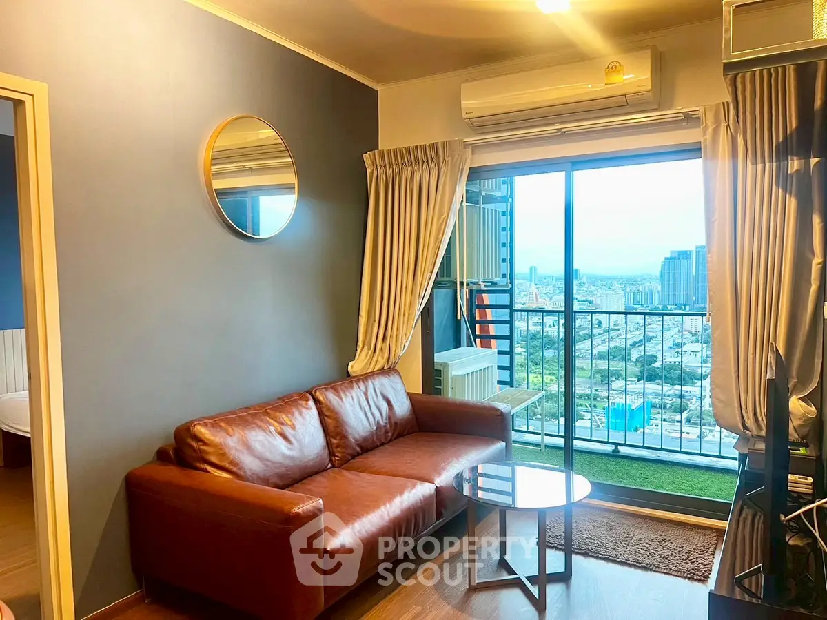 Stylish living room with leather sofa and city view balcony in modern apartment