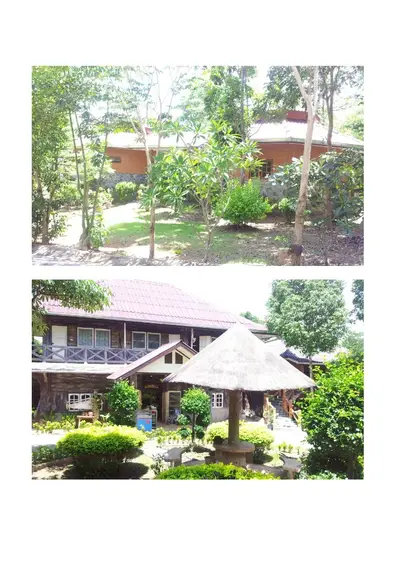 Charming garden view of rustic property with lush greenery and unique architecture.