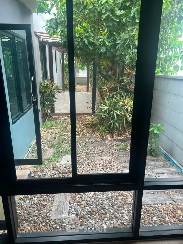 Charming garden view from modern home window with lush greenery and stone pathway