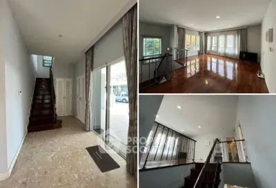 Spacious modern home with elegant staircase and bright living area, featuring hardwood floors and large windows.
