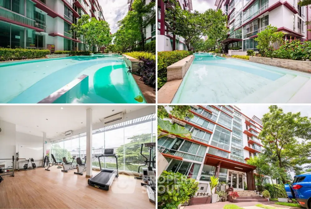 Luxurious condo with pool, gym, and lush garden views