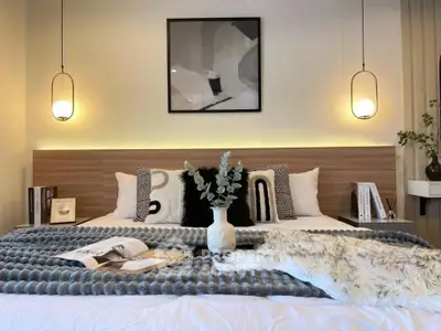 Stylish bedroom with modern decor and cozy ambiance