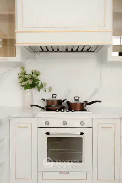 Modern kitchen with sleek white cabinetry and built-in SMEG oven