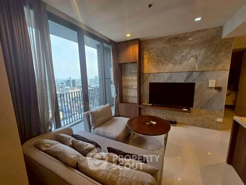 Luxurious living room with city view and modern decor