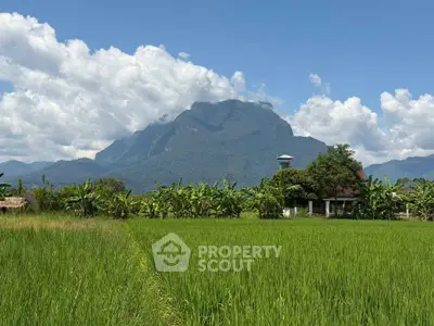 Scenic view of lush green fields with a mountain backdrop and a quaint house, perfect for nature lovers.