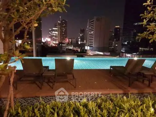 Luxurious rooftop pool with stunning city skyline view at night.