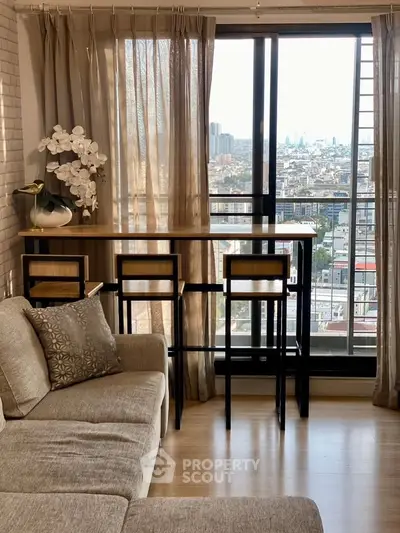 Stylish living room with city view and modern furniture