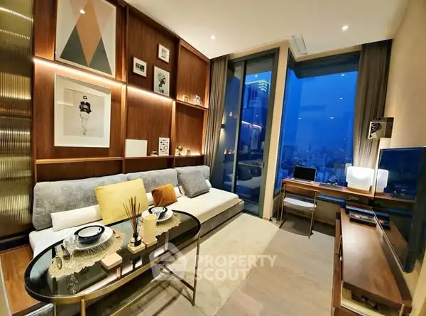 Luxurious modern living room with city view, stylish decor, and cozy ambiance.