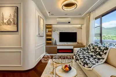 Luxurious living room with modern decor, large window view, and elegant lighting.