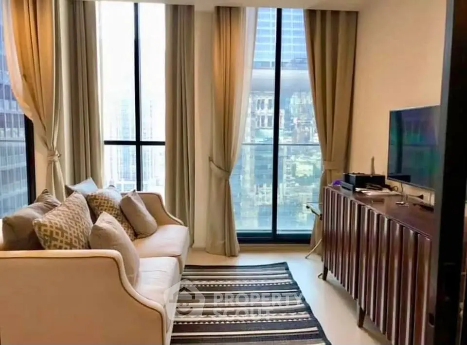 Modern living room with city view, elegant sofa, and stylish decor