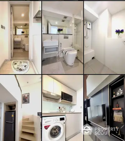 Modern apartment interior with sleek bathroom, kitchen, and living area featuring stylish appliances and decor.