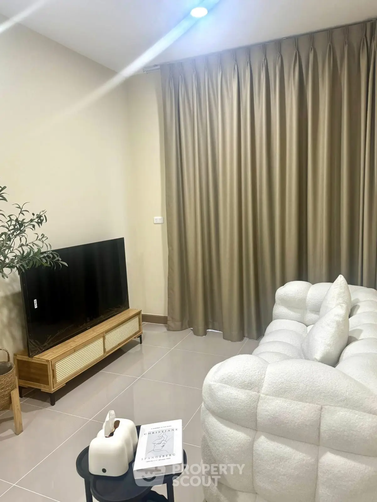 Modern living room with stylish sofa, TV, and elegant curtains