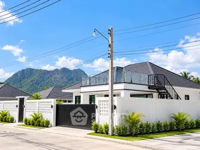 Modern luxury villa with mountain view and spacious outdoor area