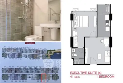 Executive suite floor plan with modern bathroom design in a 41 sqm 1-bedroom apartment.
