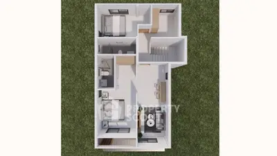 Modern 3D floor plan showcasing a two-bedroom apartment layout with open living area and two bathrooms.