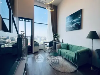 Modern living room with stunning city view and stylish decor