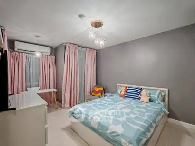 Charming bedroom with modern decor, featuring cozy bed and stylish lighting, perfect for relaxation.