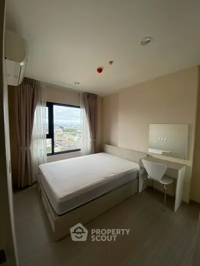 Modern bedroom with large window offering stunning city view, featuring minimalist furniture and neutral tones.