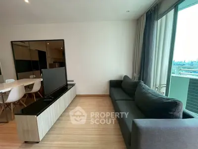 Modern living room with sleek furniture and city view balcony