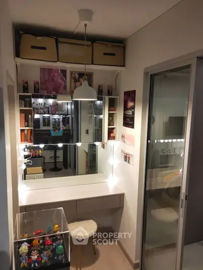 Stylish vanity area with mirror and lighting in modern bedroom