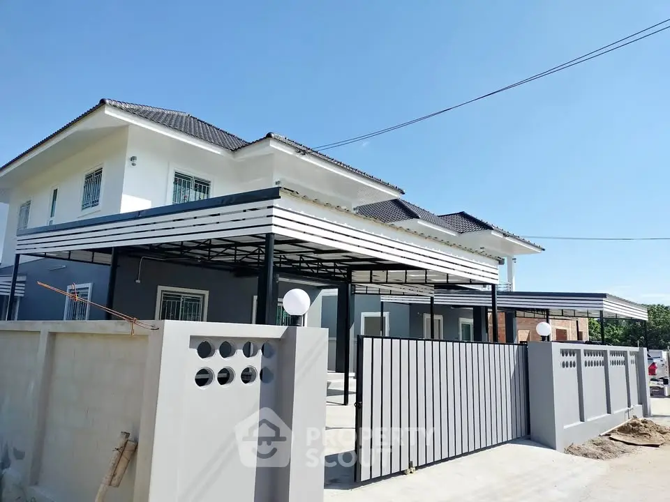 Modern two-story house with sleek design and spacious outdoor area