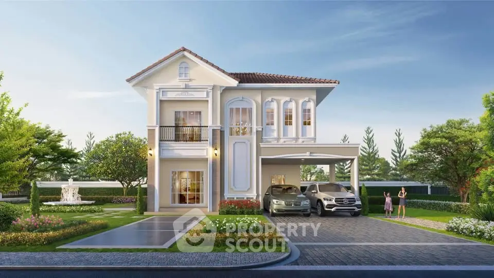 Elegant two-story house with manicured garden and driveway, featuring a modern carport and lush greenery.
