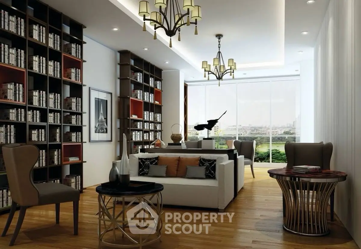 Luxurious living room with floor-to-ceiling bookshelves and city view.