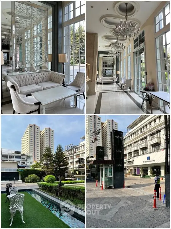 Luxurious apartment complex with elegant interiors and lush garden views.