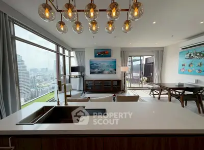 Luxurious modern living room with stunning city view and elegant decor