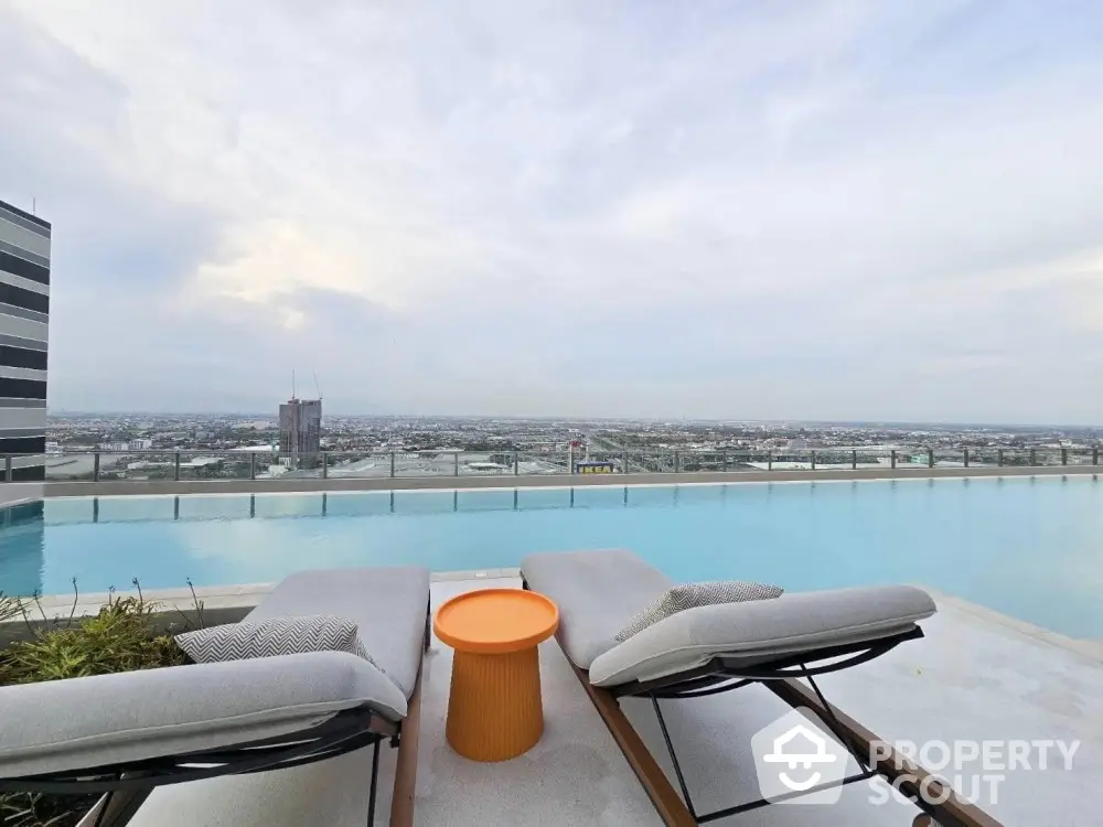 Luxurious rooftop pool with stunning city view and modern lounge chairs