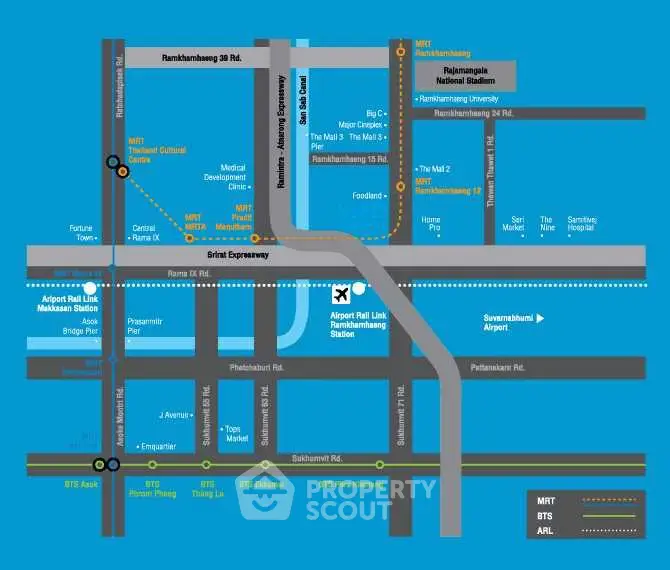 Detailed map showing transportation routes and landmarks in Bangkok, ideal for real estate navigation.