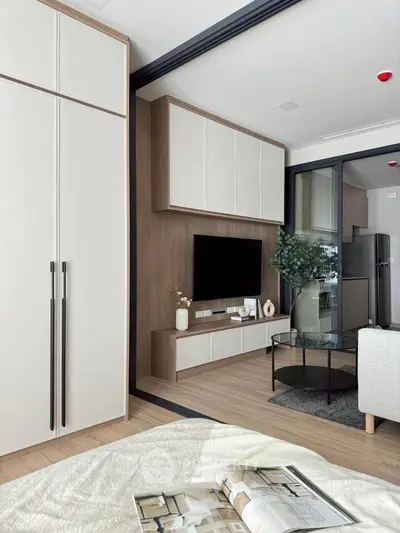 Modern living room with sleek furniture and built-in storage, showcasing a stylish and functional design.