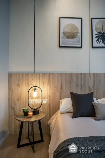 Cozy bedroom with modern decor and stylish lighting