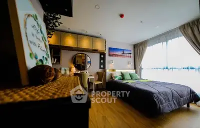 Modern bedroom with large window and stylish decor