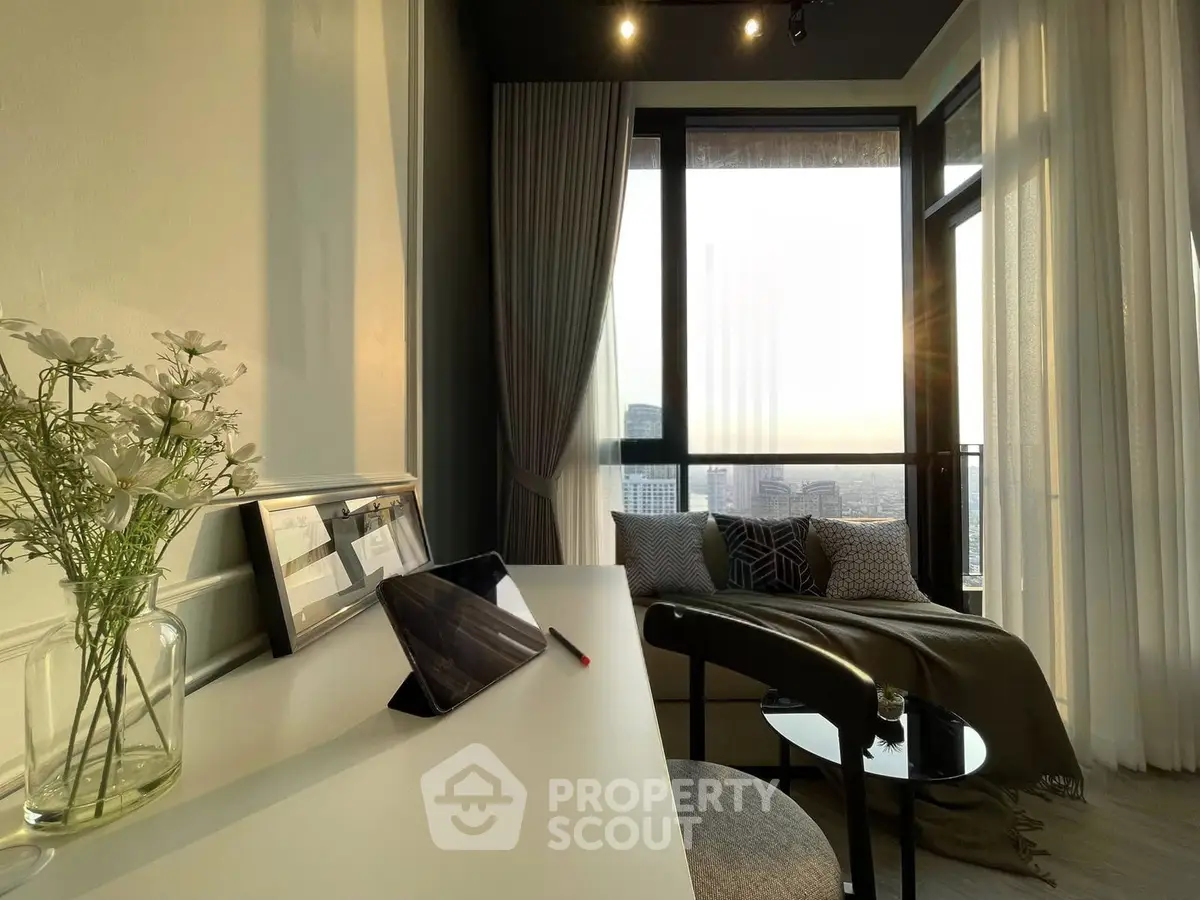 Modern living room with panoramic city view and elegant decor