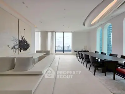 Luxurious modern living room with panoramic city view and elegant dining area.