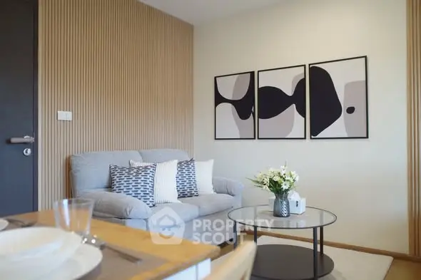 Modern living room with stylish decor and cozy seating area