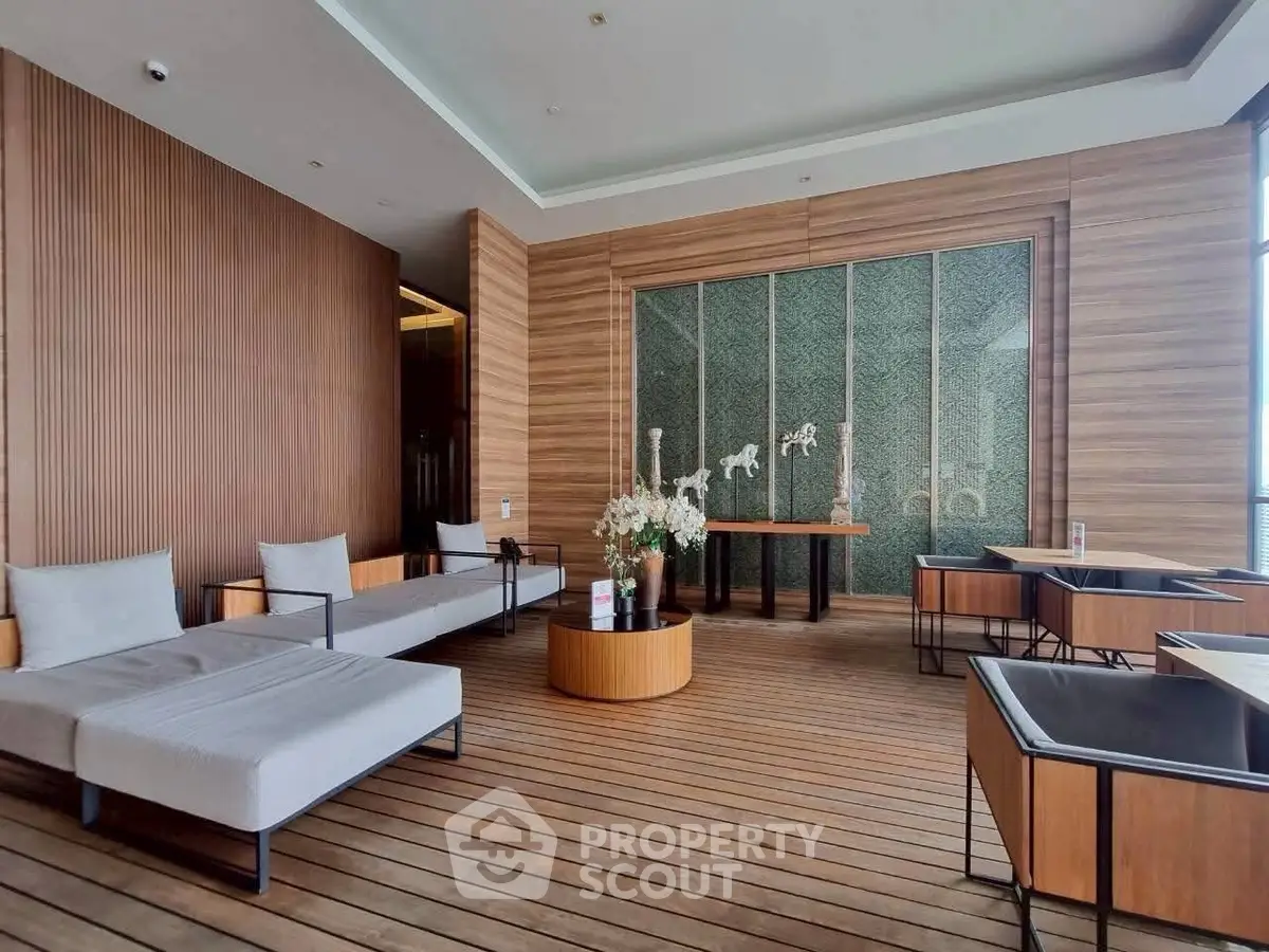Luxurious modern living room with elegant wooden accents and stylish furniture