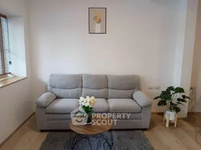 Cozy living room with a comfortable gray sofa and stylish decor